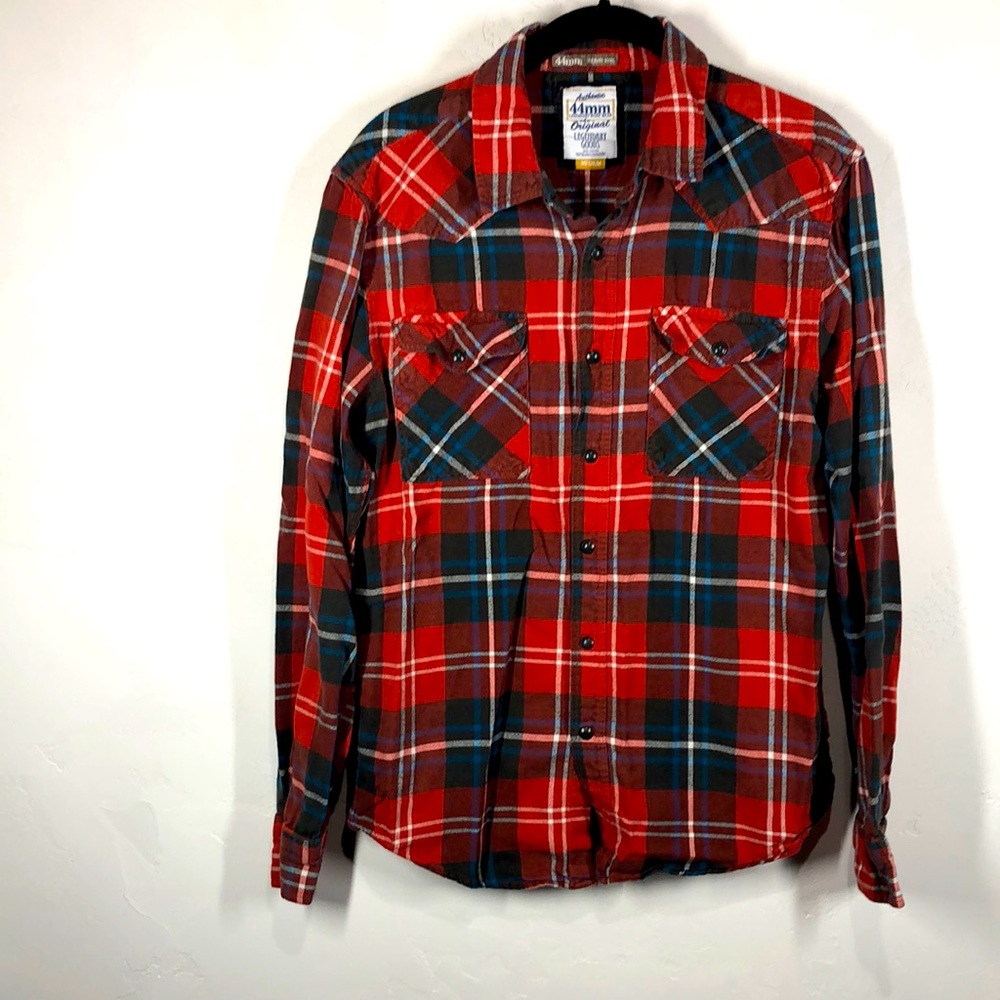44mm orange and blue plaid snap button flannel size medium